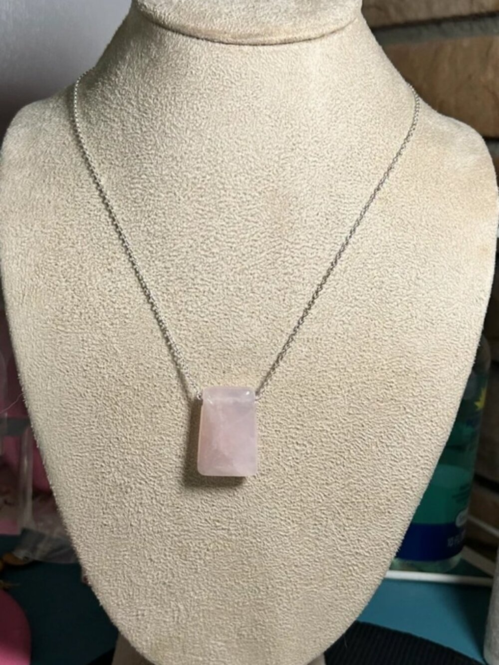 Sterling Silver Rose Quartz Rectangle Slab Bar Pendant Chain Necklace 18"